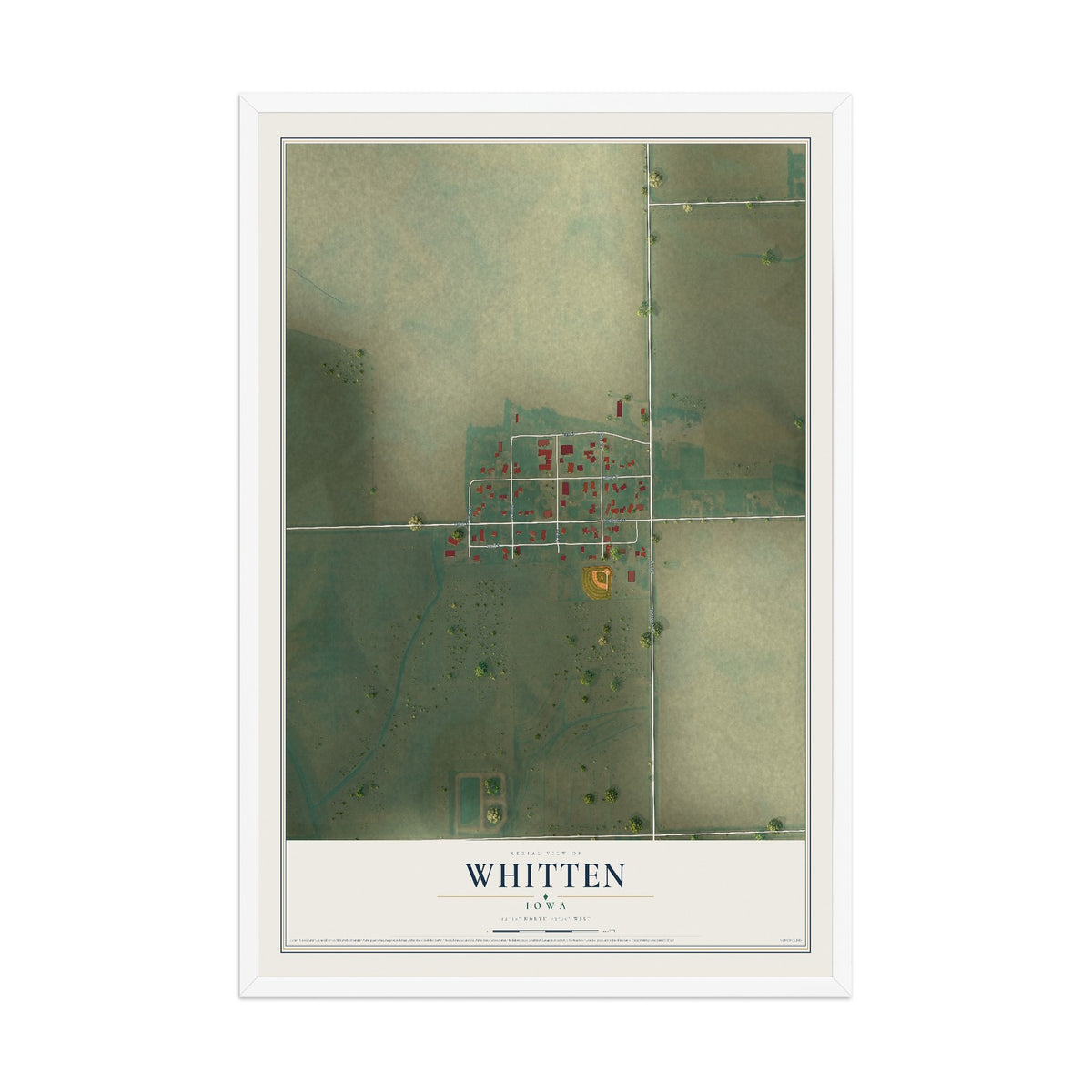 Map of Whitten, Iowa, 12 x 18 inch print in a white wood frame