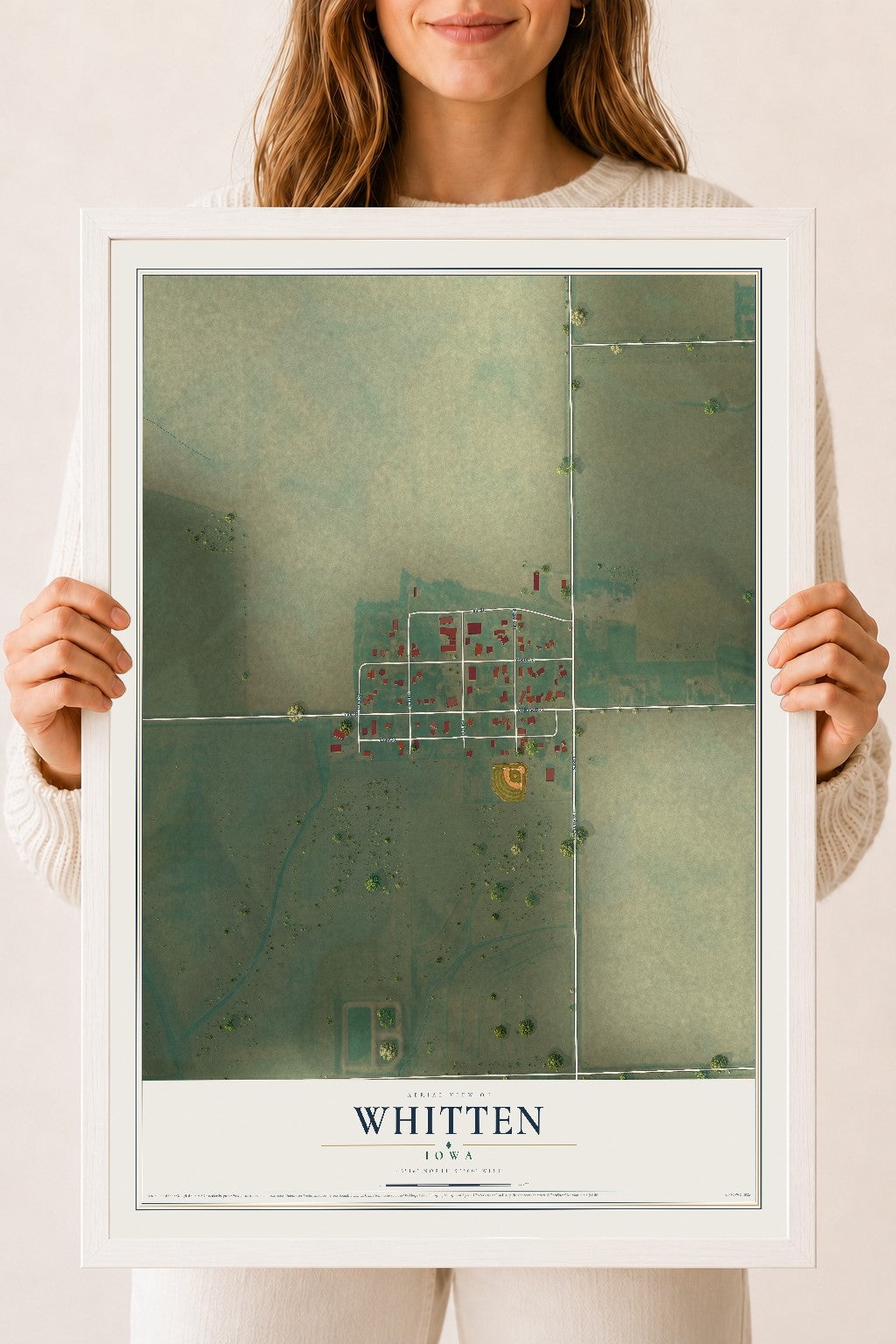 Map of Whitten, Iowa, 18 x 24 inch print in a white wood frame