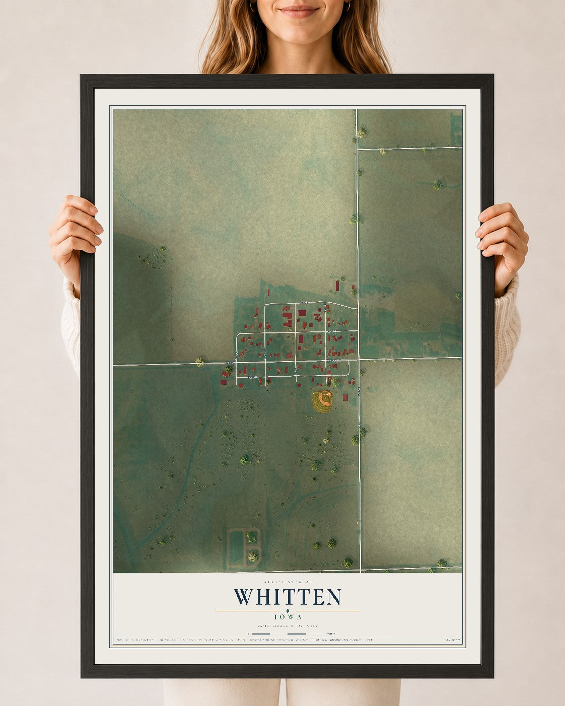 Map of Whitten, Iowa, 24 x 36 inch print in a black wood frame