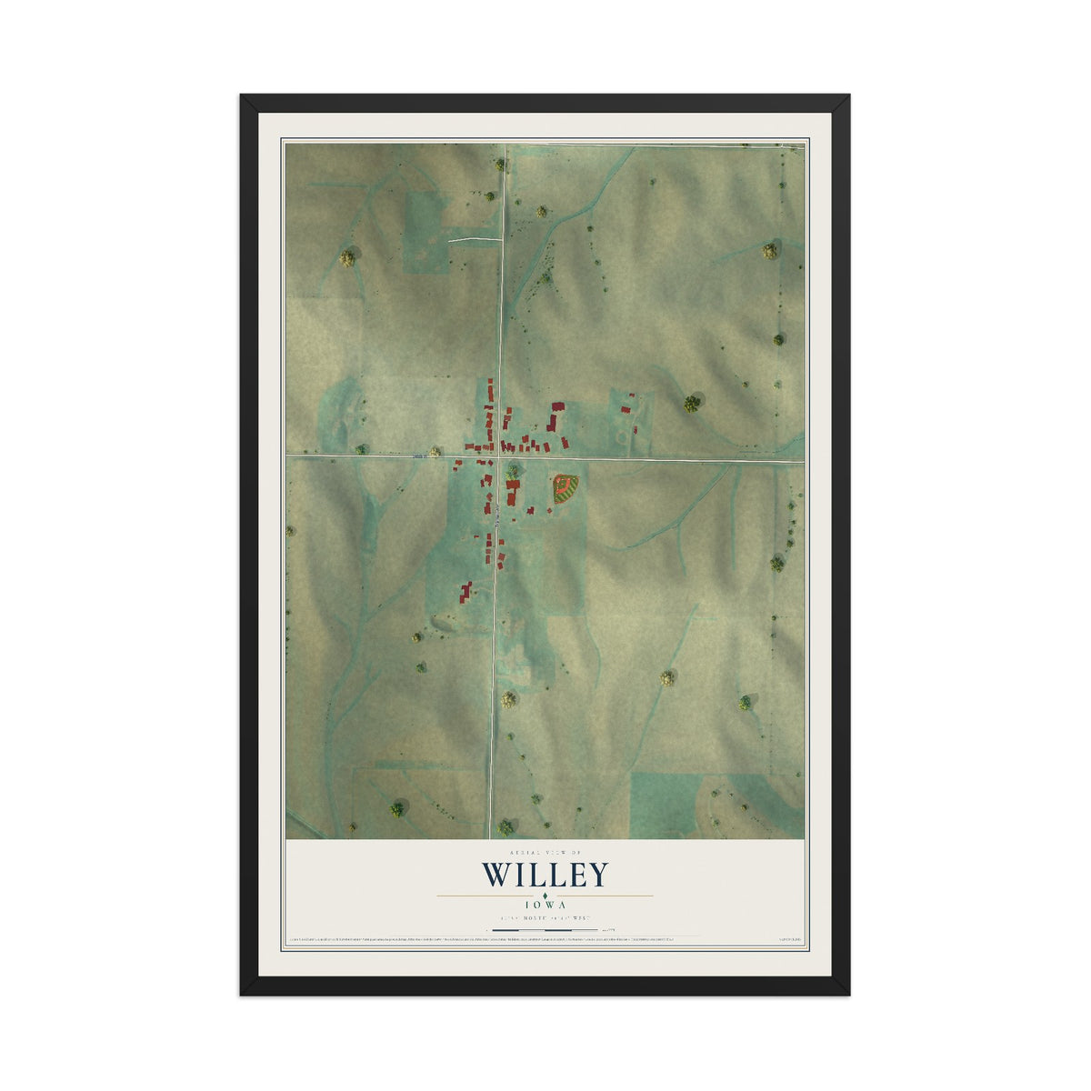 Map of Willey, Iowa, 12 x 18 inch print in a black wood frame