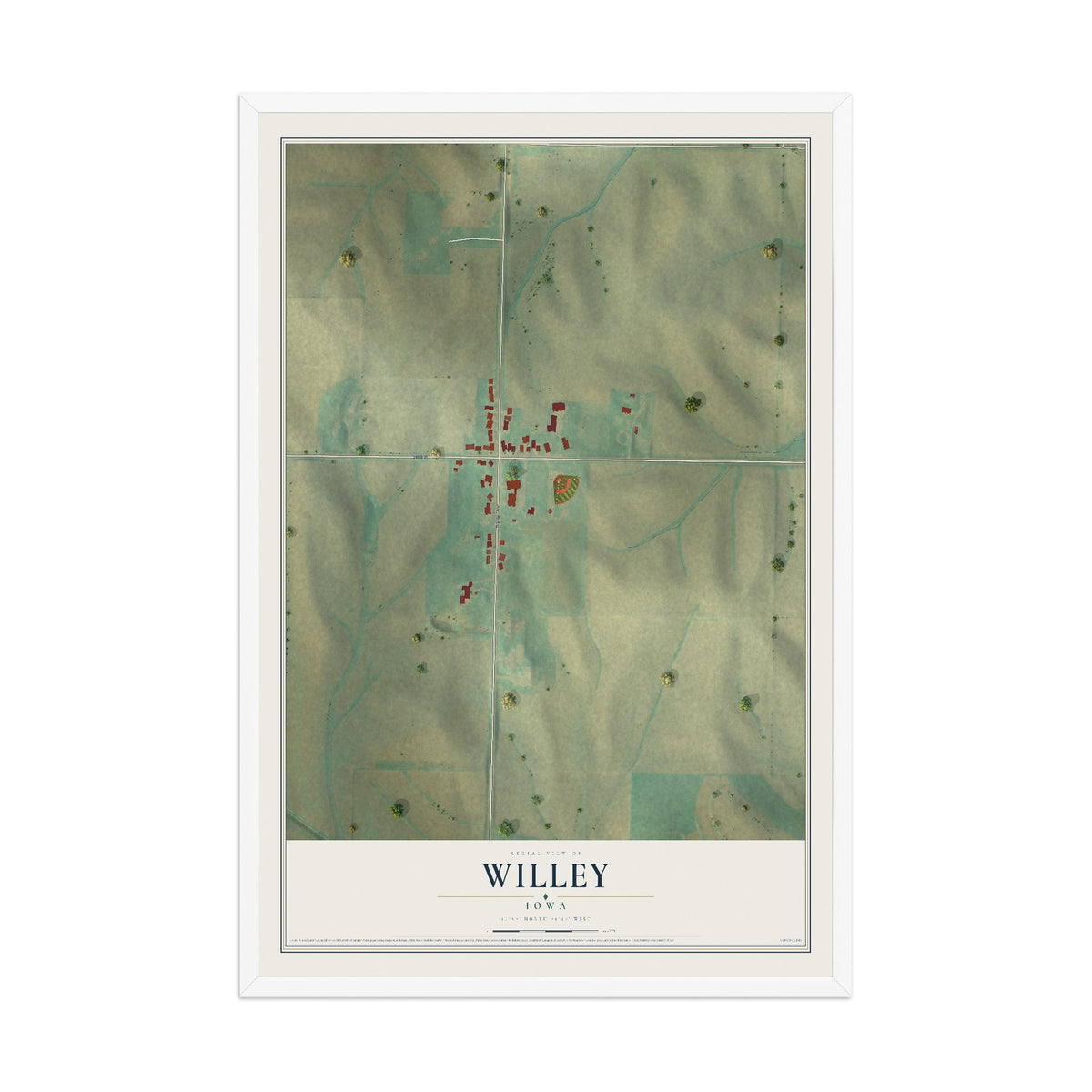 Map of Willey, Iowa, 12 x 18 inch print in a white wood frame