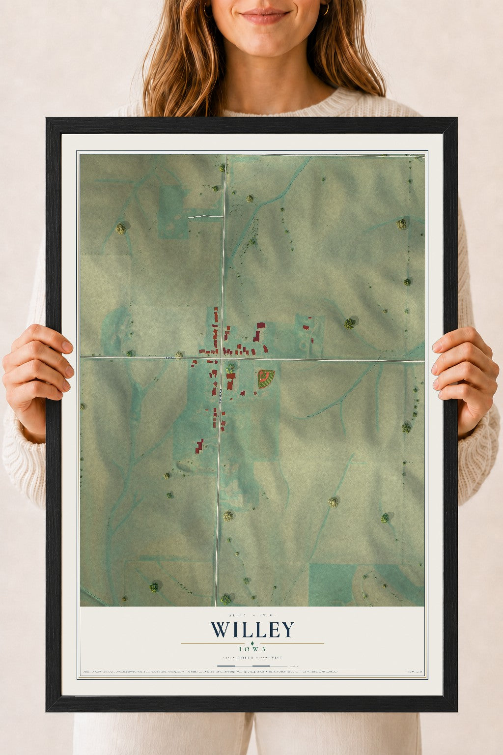 Map of Willey, Iowa, 18 x 24 inch print in a black wood frame