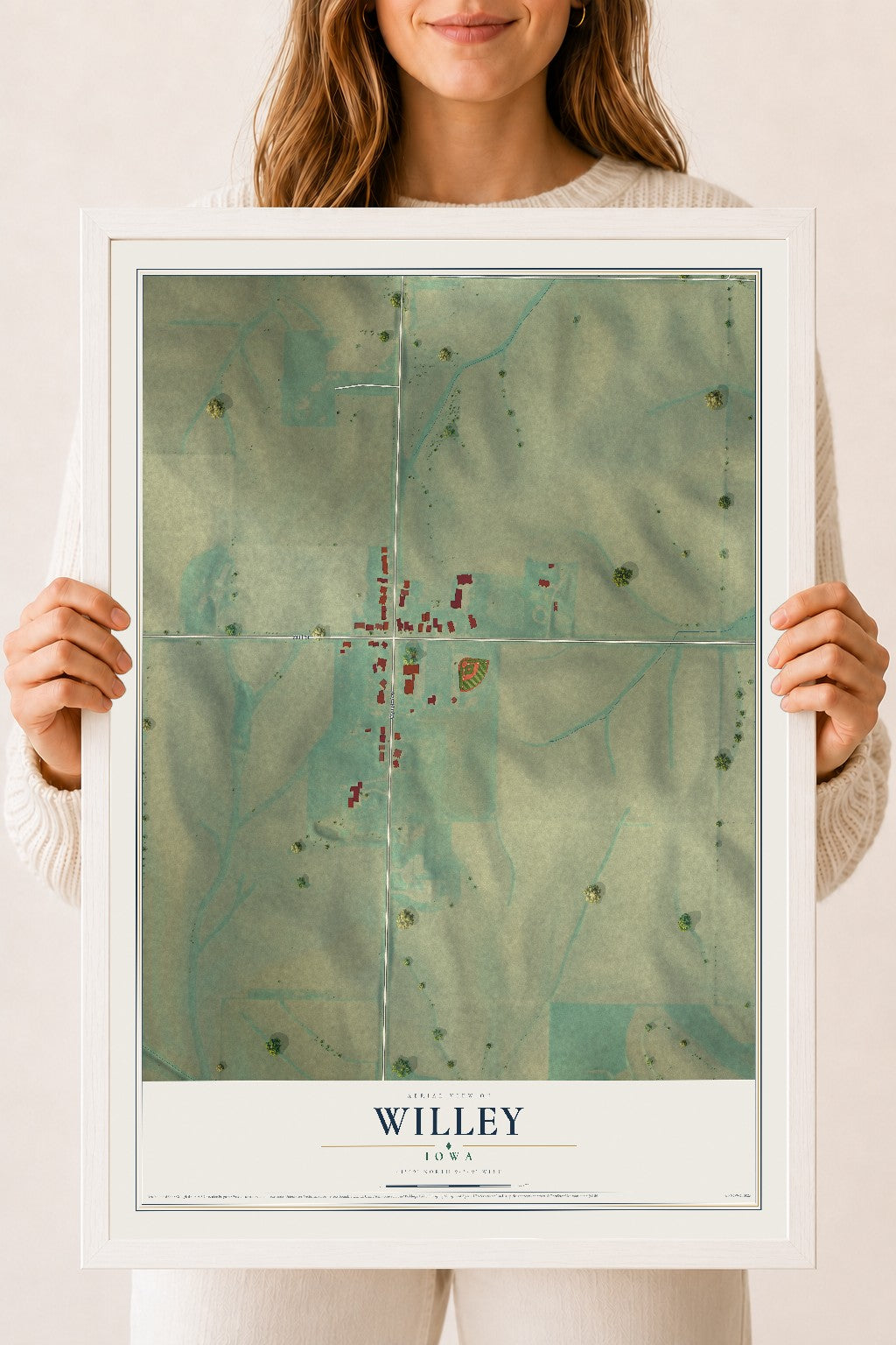 Map of Willey, Iowa, 18 x 24 inch print in a white wood frame