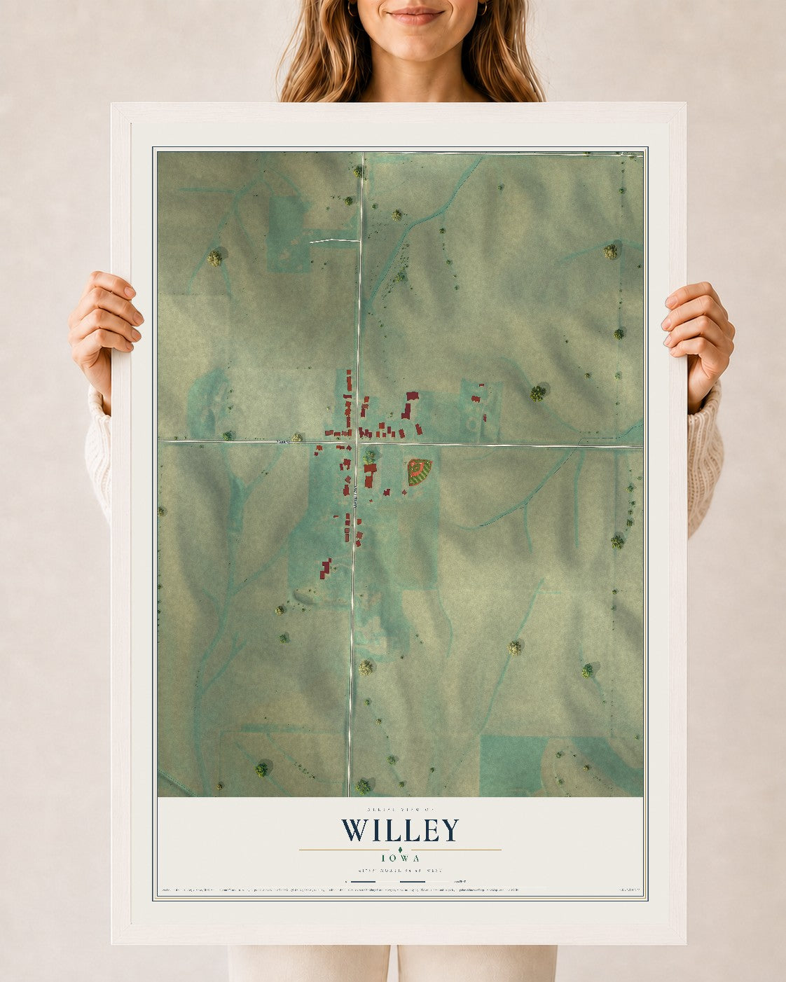Map of Willey, Iowa, 24 x 36 inch print in a white wood frame