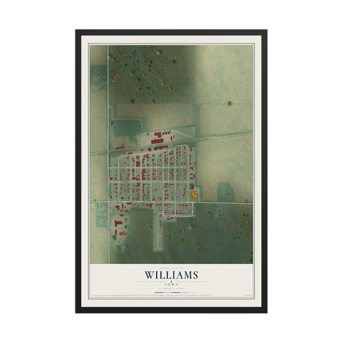 Map of Williams, Iowa, 12 x 18 inch print in a black wood frame