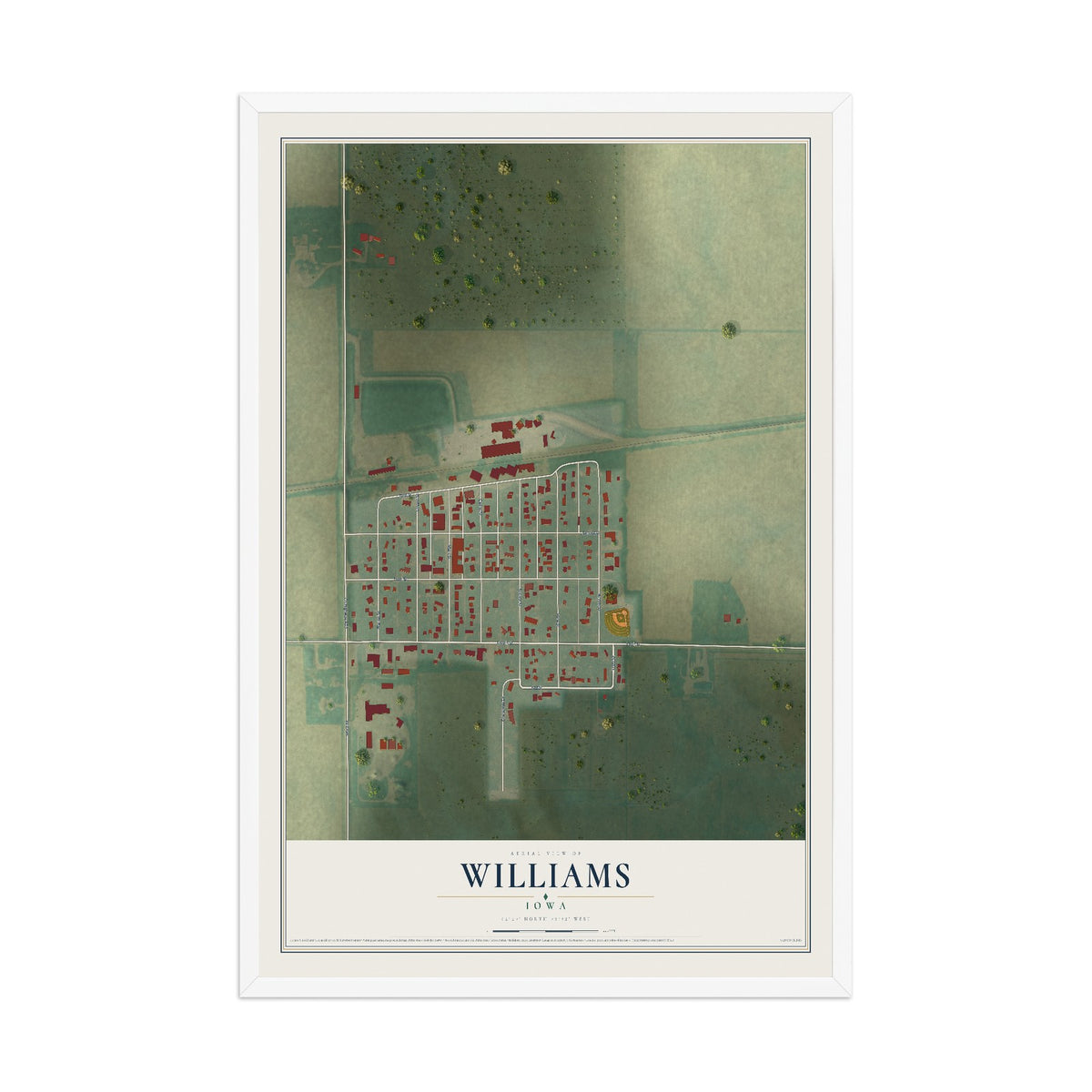Map of Williams, Iowa, 12 x 18 inch print in a white wood frame