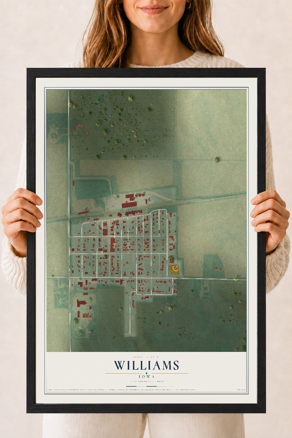 Map of Williams, Iowa, 18 x 24 inch print in a black wood frame