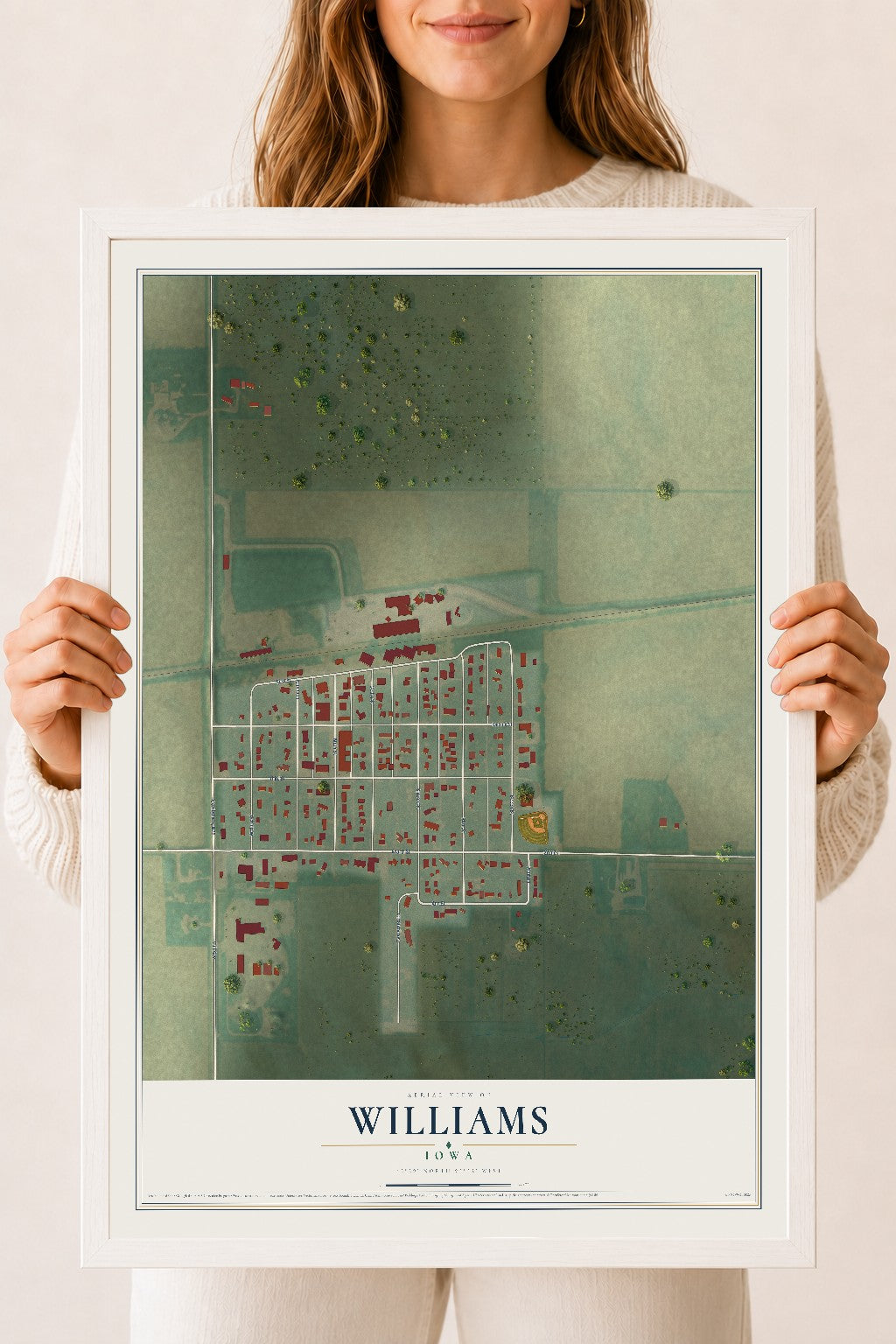 Map of Williams, Iowa, 18 x 24 inch print in a white wood frame