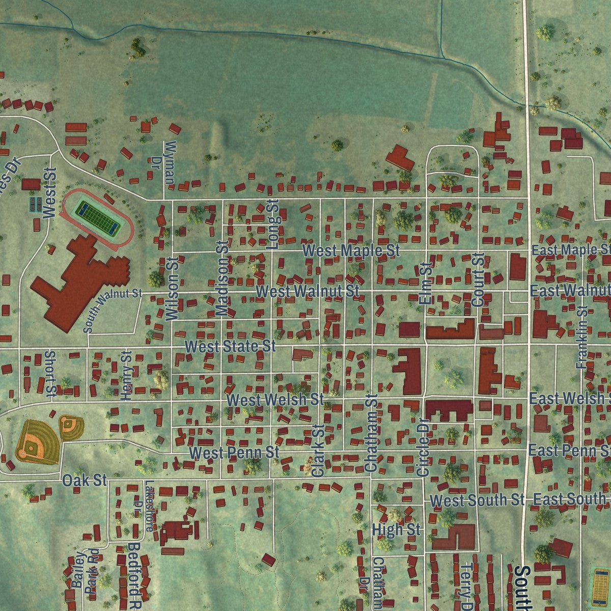 Close-up of the map of Williamsburg, Iowa print showing street and building detail