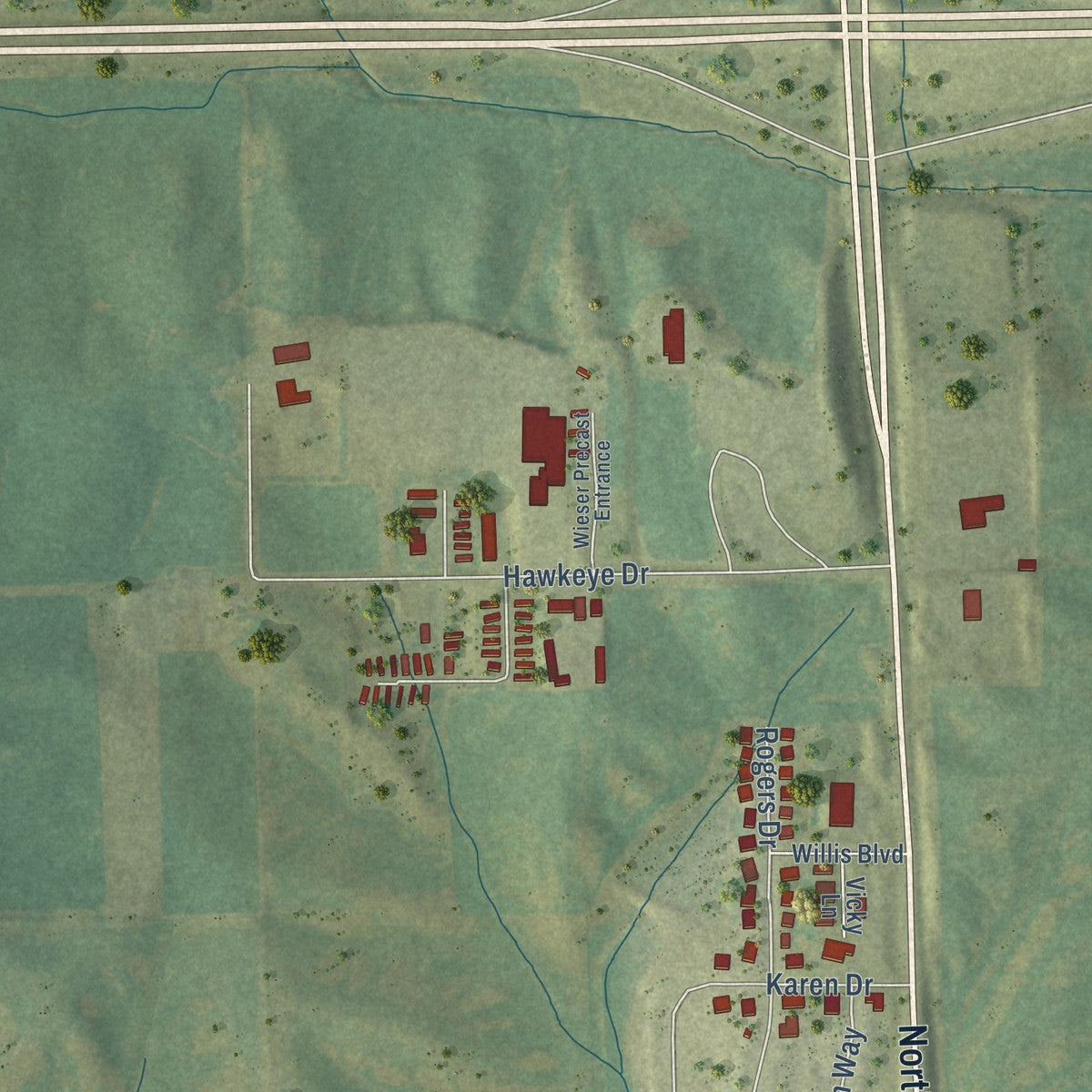Second close-up of the map of Williamsburg, Iowa print showing more streets and buildings