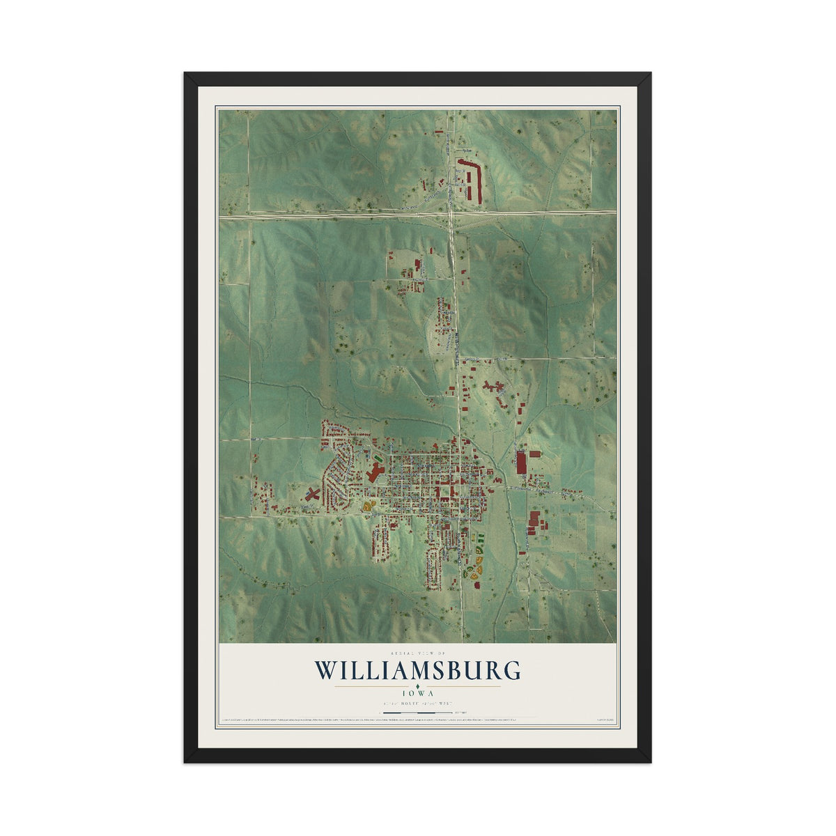 Map of Williamsburg, Iowa, 12 x 18 inch print in a black wood frame
