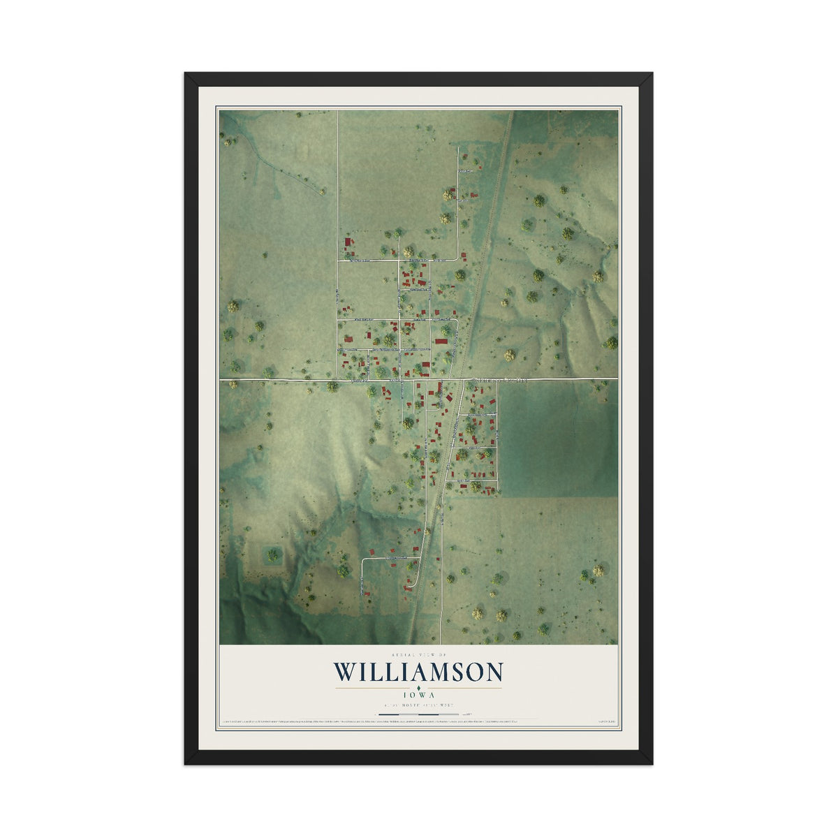 Map of Williamson, Iowa, 12 x 18 inch print in a black wood frame