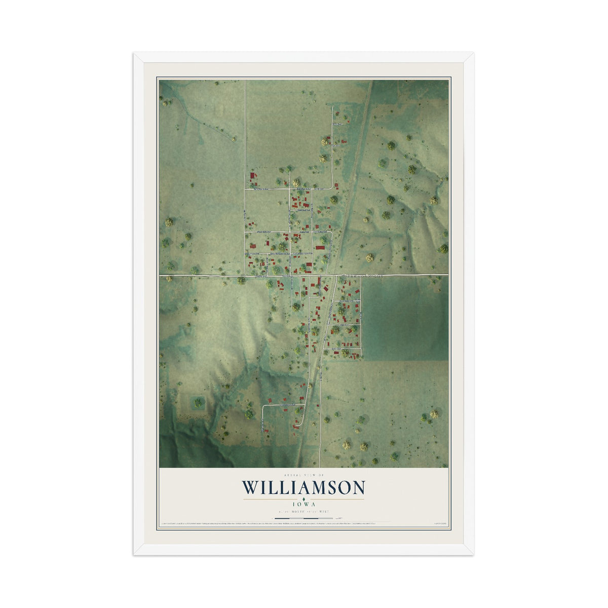 Map of Williamson, Iowa, 12 x 18 inch print in a white wood frame