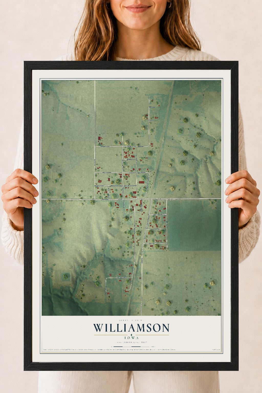 Map of Williamson, Iowa, 18 x 24 inch print in a black wood frame