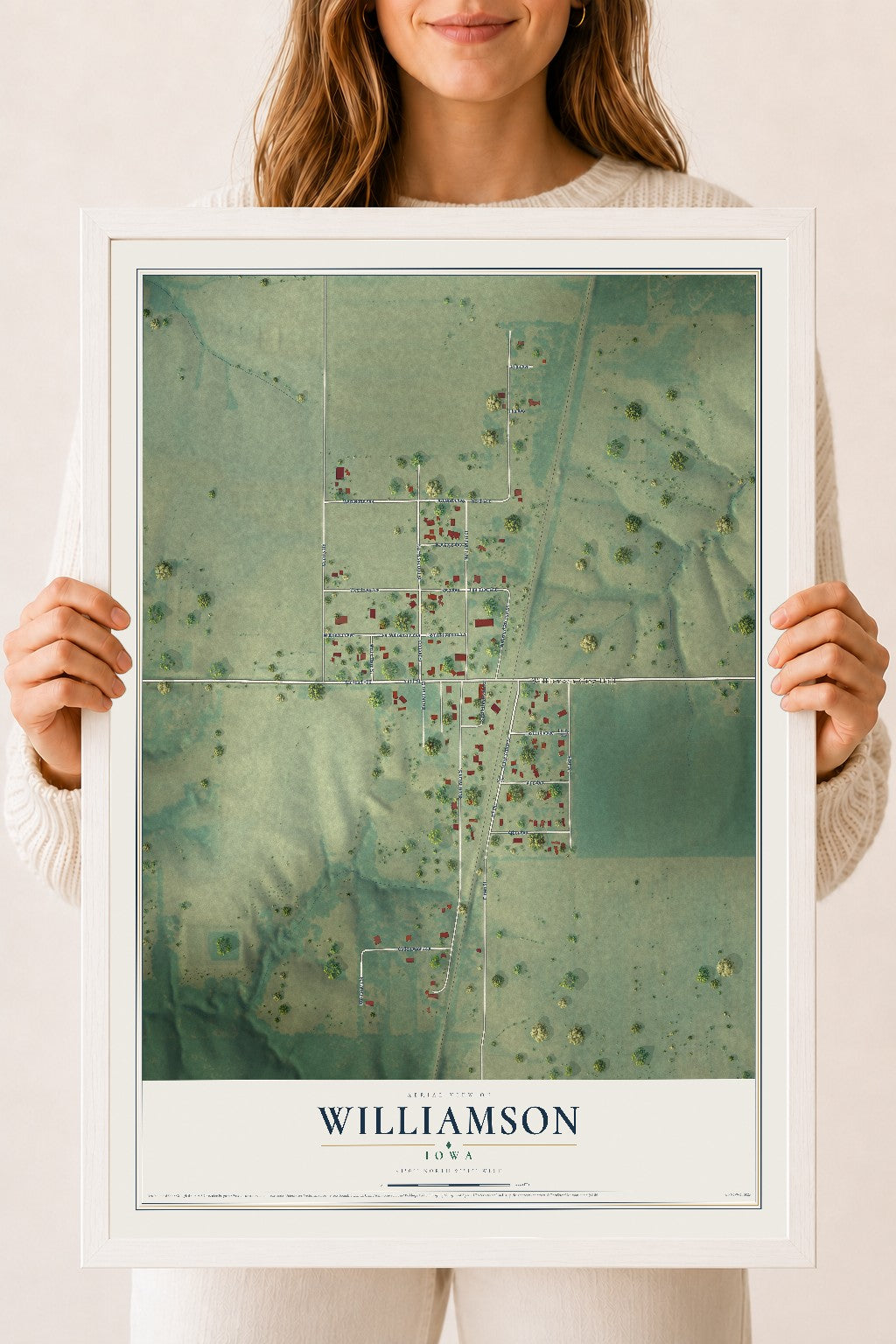 Map of Williamson, Iowa, 18 x 24 inch print in a white wood frame
