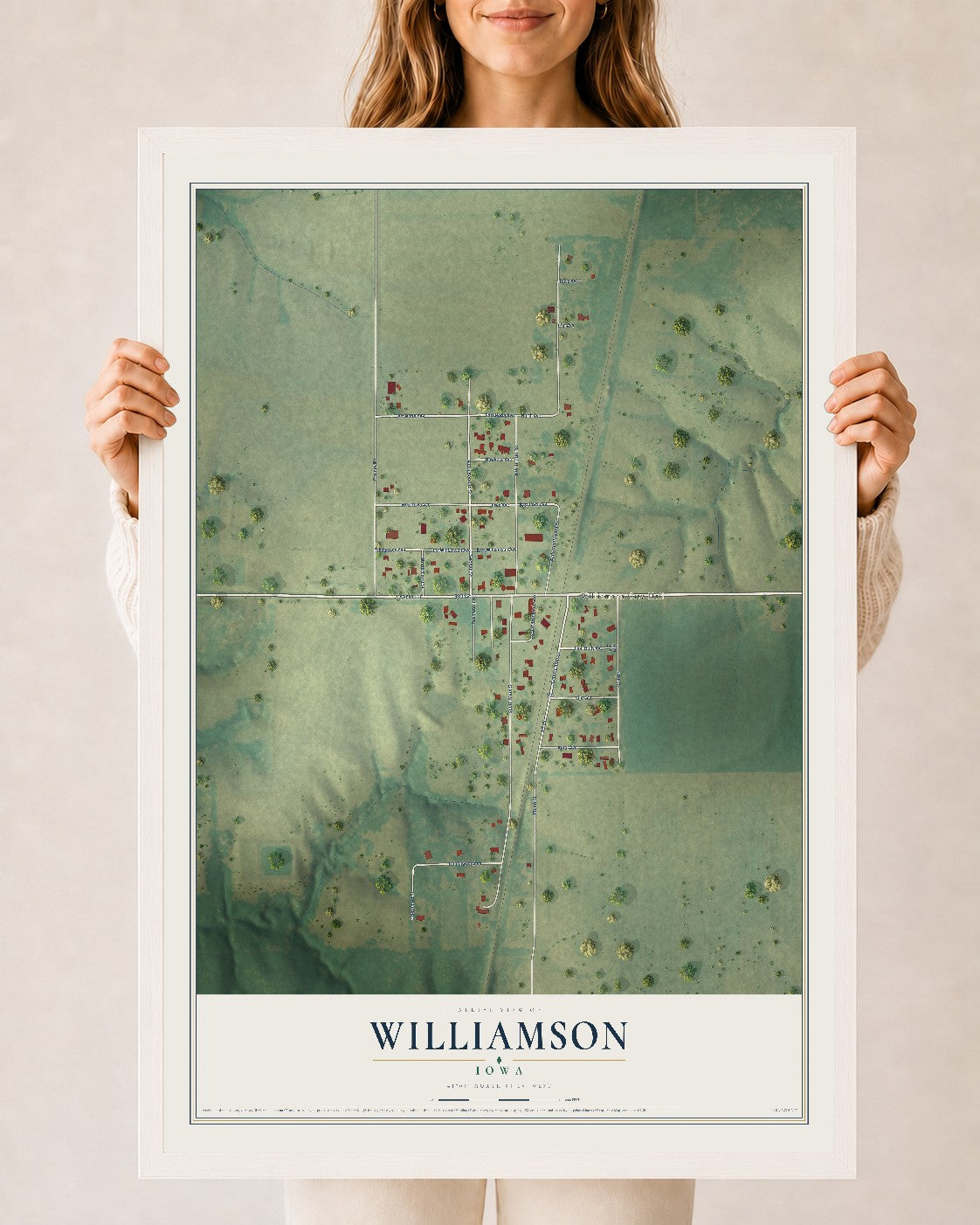 Map of Williamson, Iowa, 24 x 36 inch print in a white wood frame