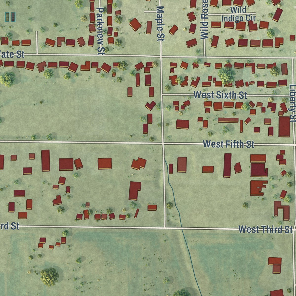 Second close-up of the map of Wilton, Iowa print showing more streets and buildings