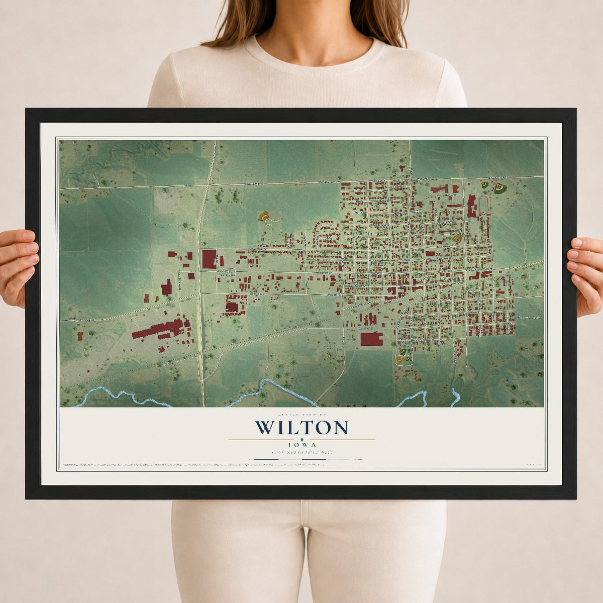Map of Wilton, Iowa, 18 x 24 inch print in a black wood frame