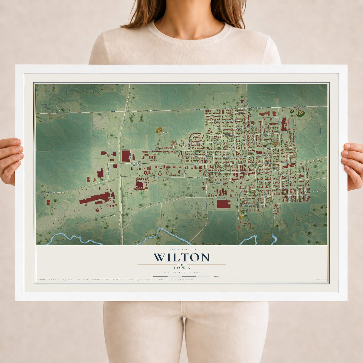 Map of Wilton, Iowa, 18 x 24 inch print in a white wood frame