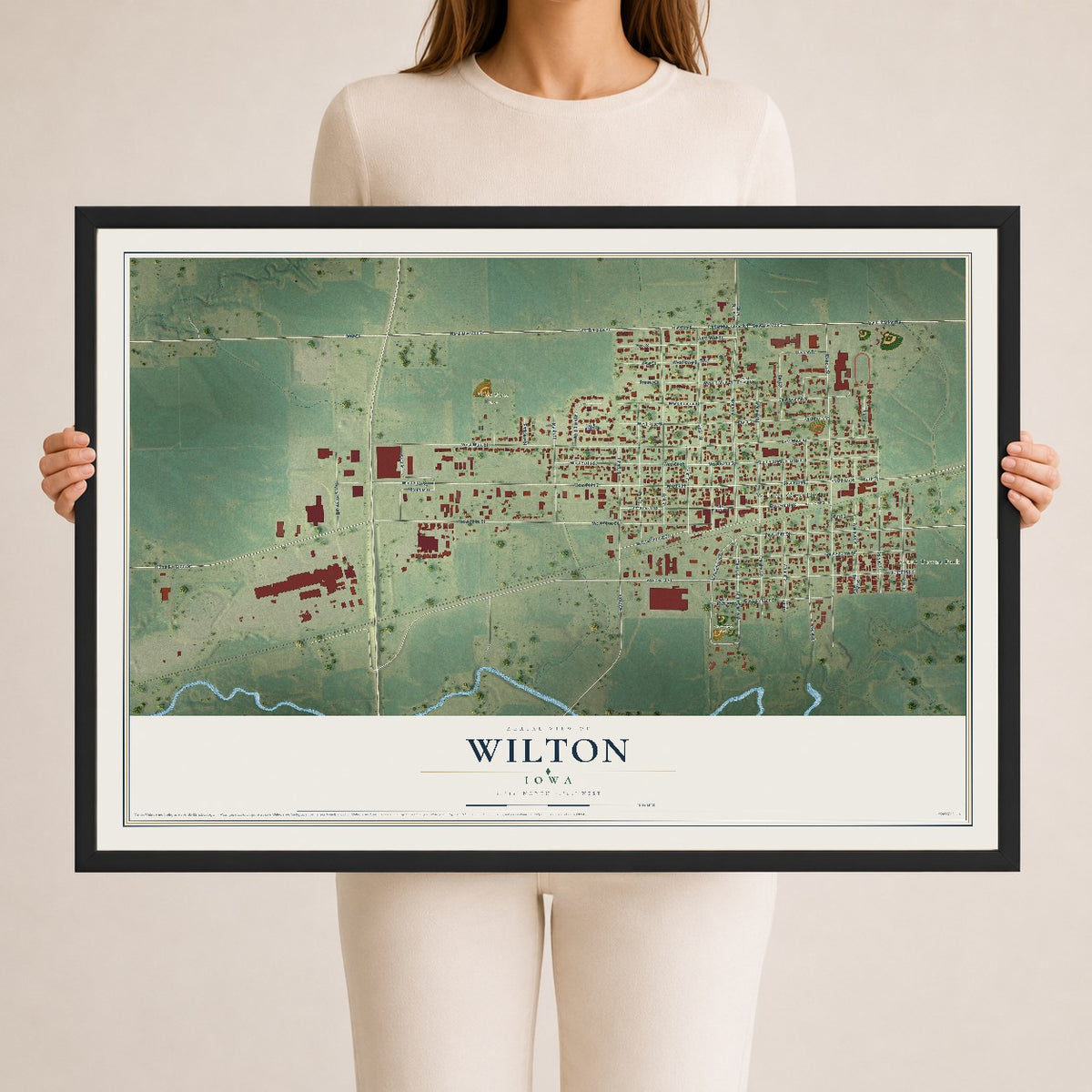 Map of Wilton, Iowa, 24 x 36 inch print in a black wood frame