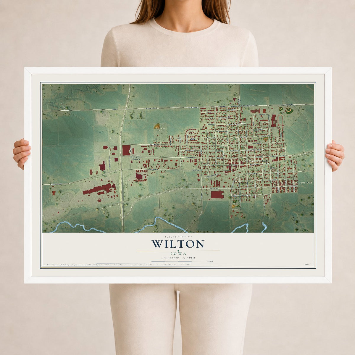 Map of Wilton, Iowa, 24 x 36 inch print in a white wood frame