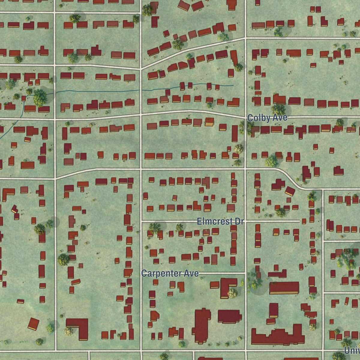 Close-up of the map of Windsor Heights, Iowa print showing street and building detail