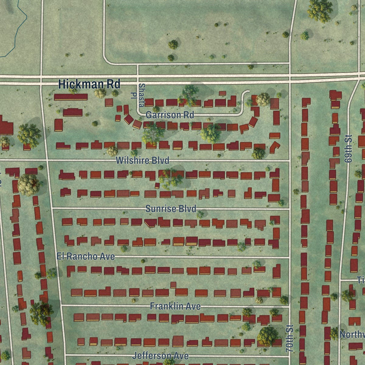 Second close-up of the map of Windsor Heights, Iowa print showing more streets and buildings