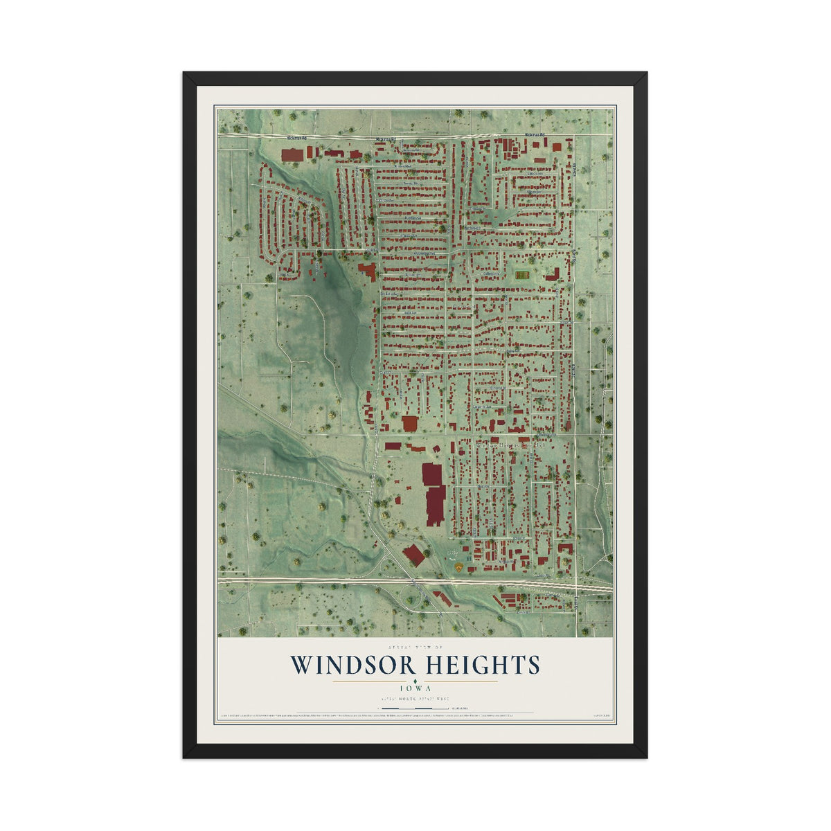 Map of Windsor Heights, Iowa, 12 x 18 inch print in a black wood frame