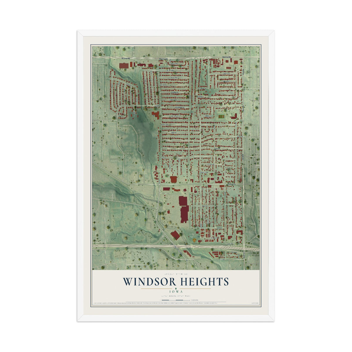 Map of Windsor Heights, Iowa, 12 x 18 inch print in a white wood frame