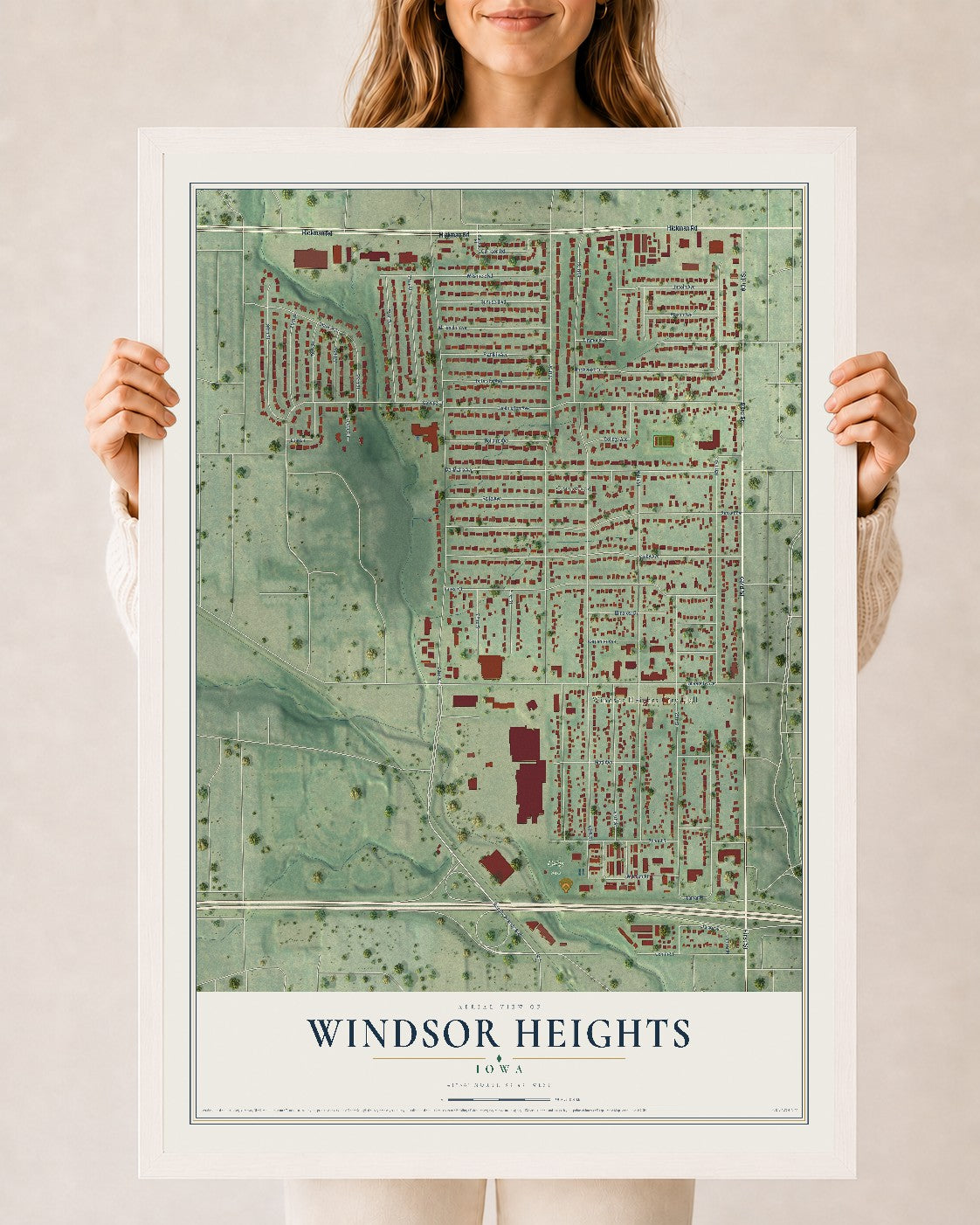Map of Windsor Heights, Iowa, 24 x 36 inch print in a white wood frame