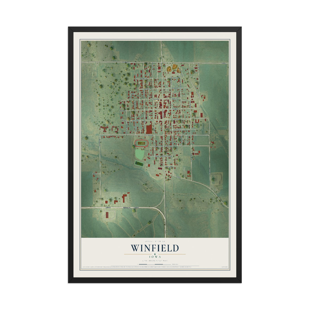 Map of Winfield, Iowa, 12 x 18 inch print in a black wood frame