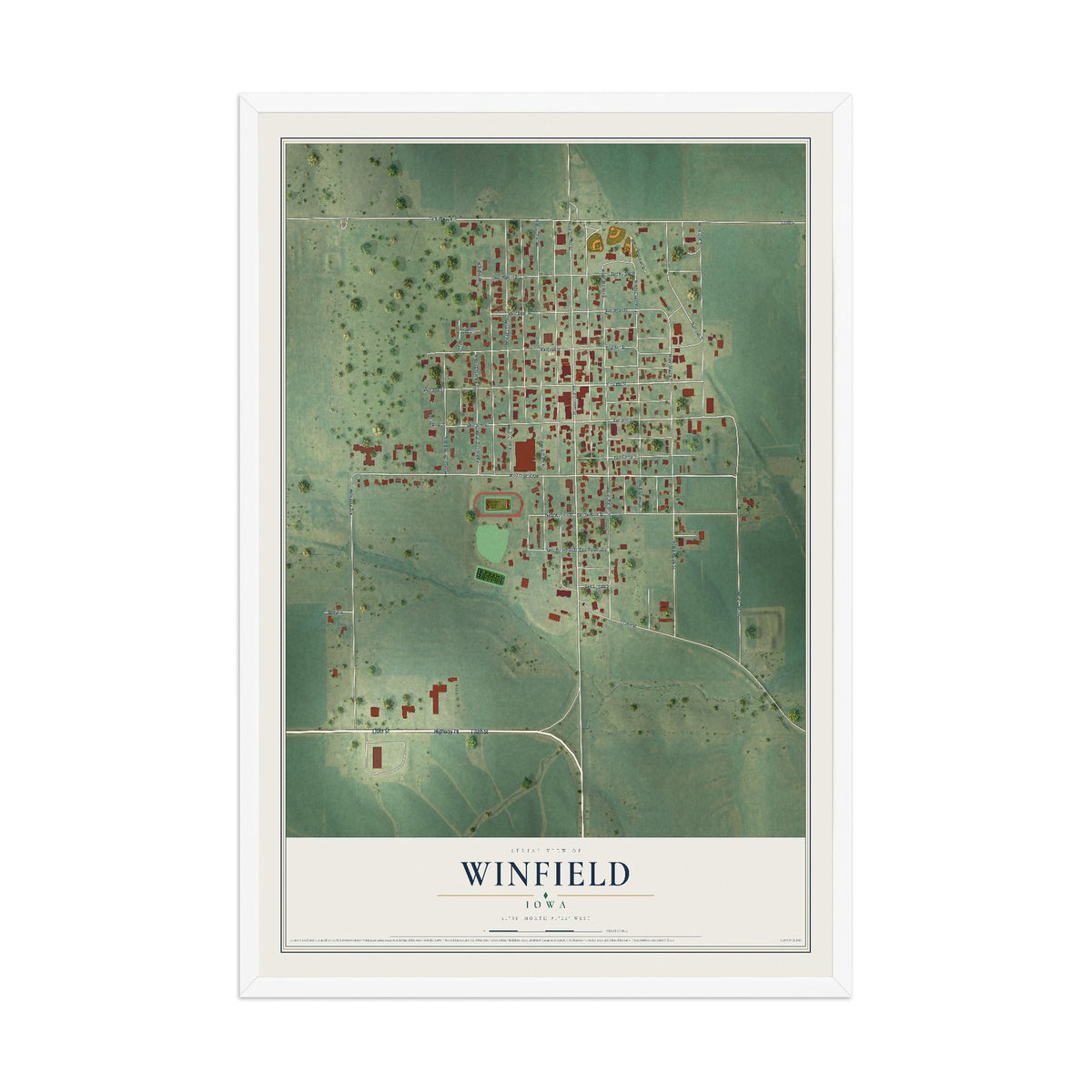 Map of Winfield, Iowa, 12 x 18 inch print in a white wood frame