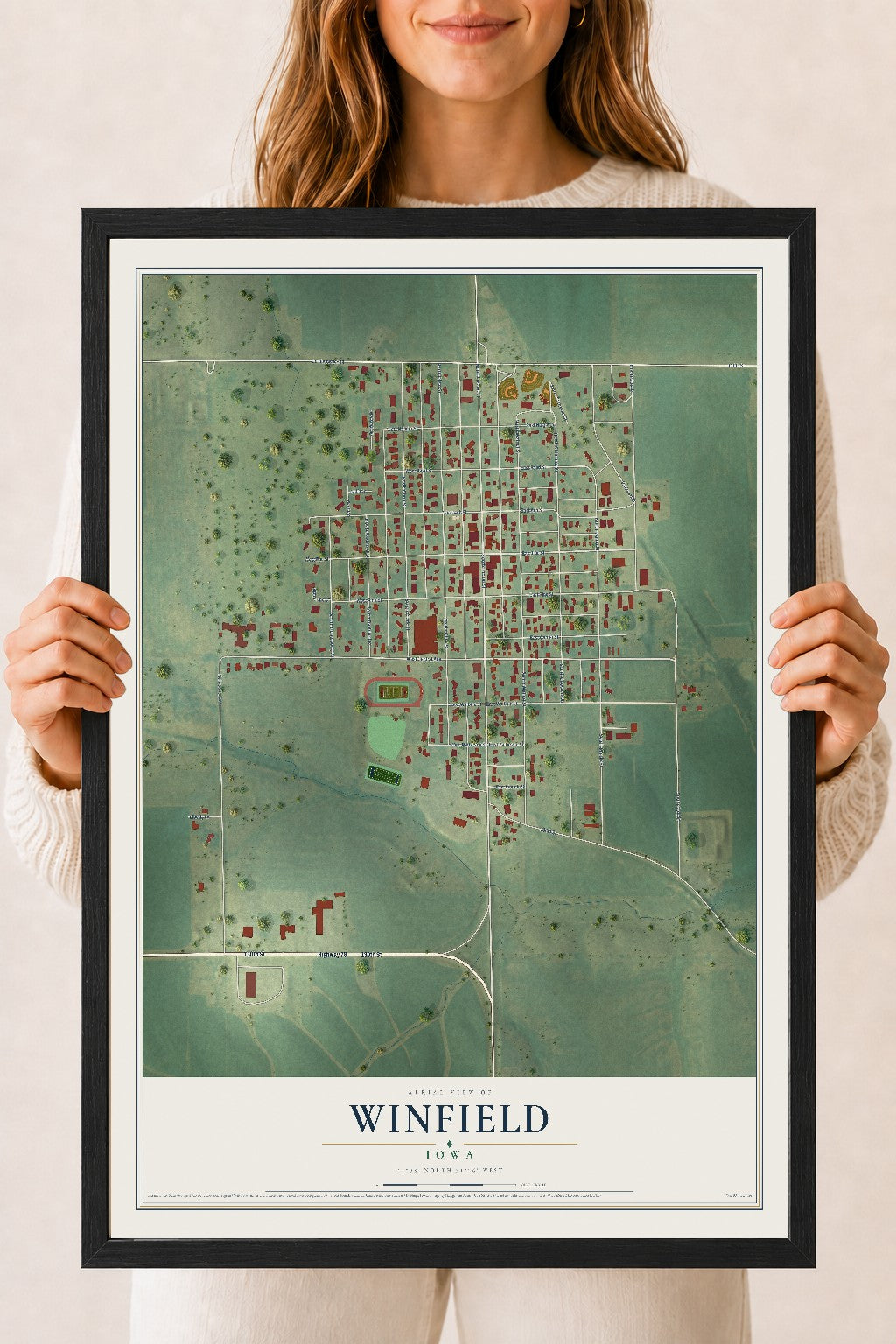Map of Winfield, Iowa, 18 x 24 inch print in a black wood frame