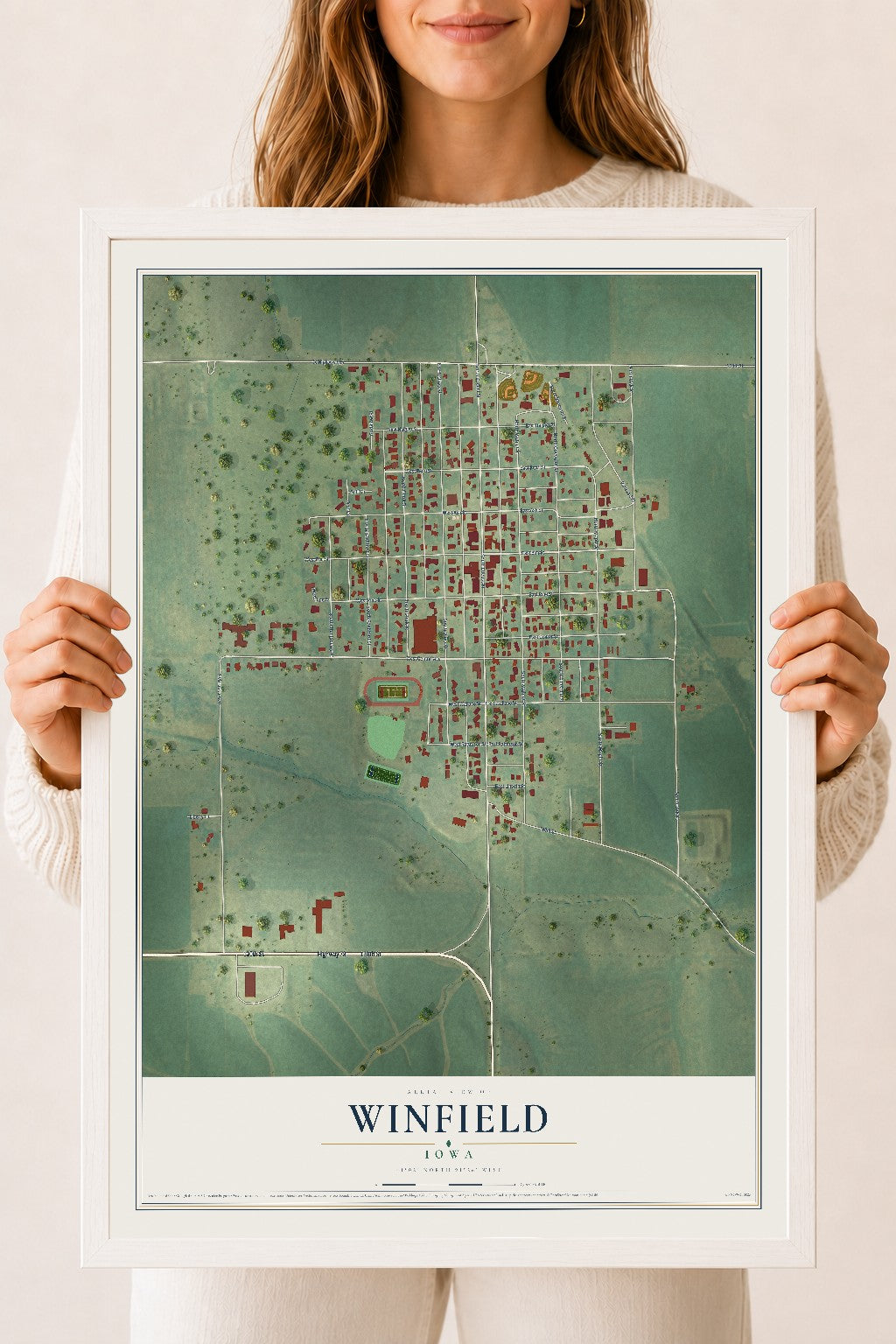 Map of Winfield, Iowa, 18 x 24 inch print in a white wood frame