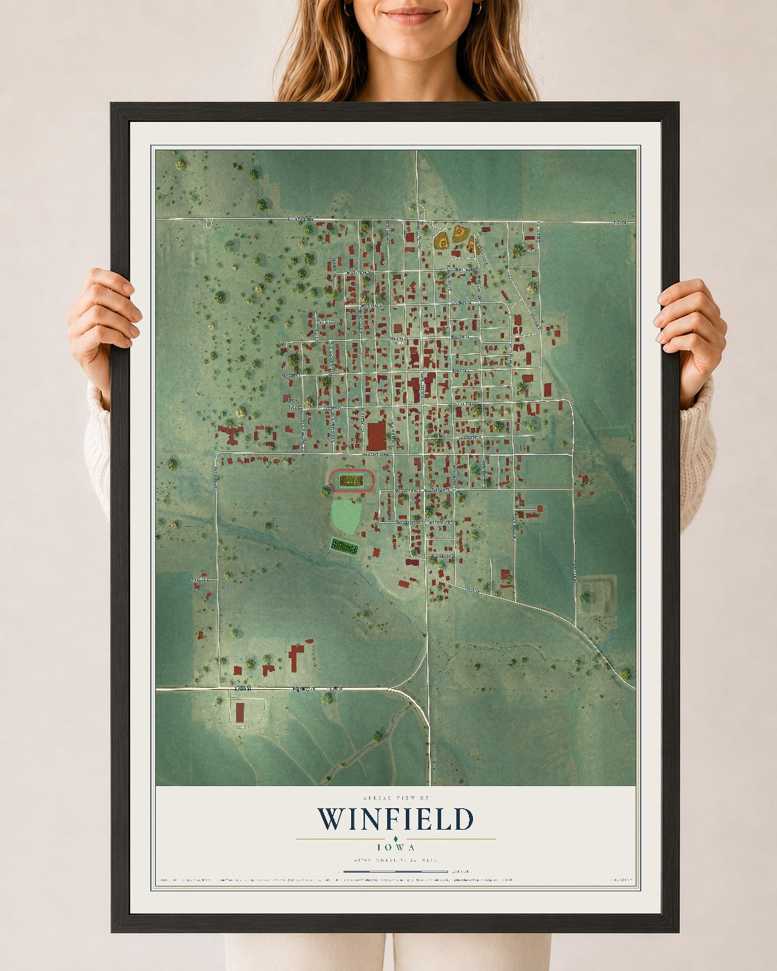 Map of Winfield, Iowa, 24 x 36 inch print in a black wood frame