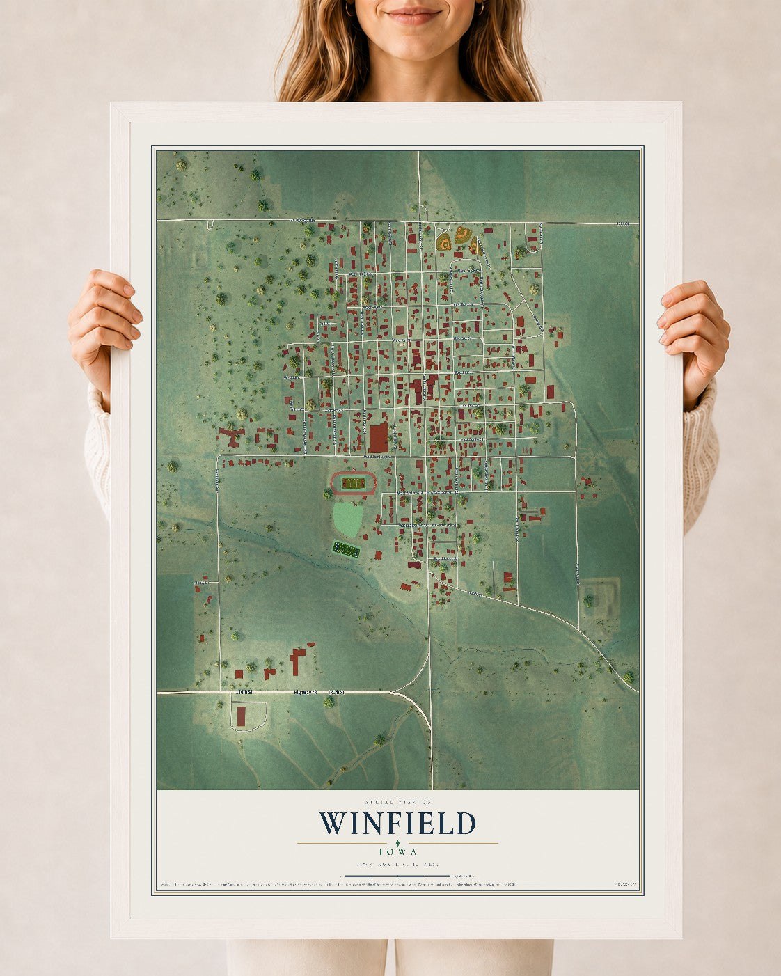 Map of Winfield, Iowa, 24 x 36 inch print in a white wood frame