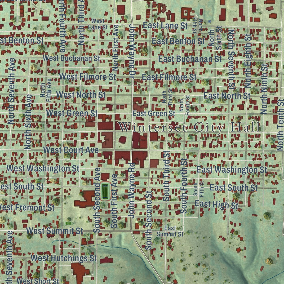 Close-up of the map of Winterset, Iowa print showing street and building detail