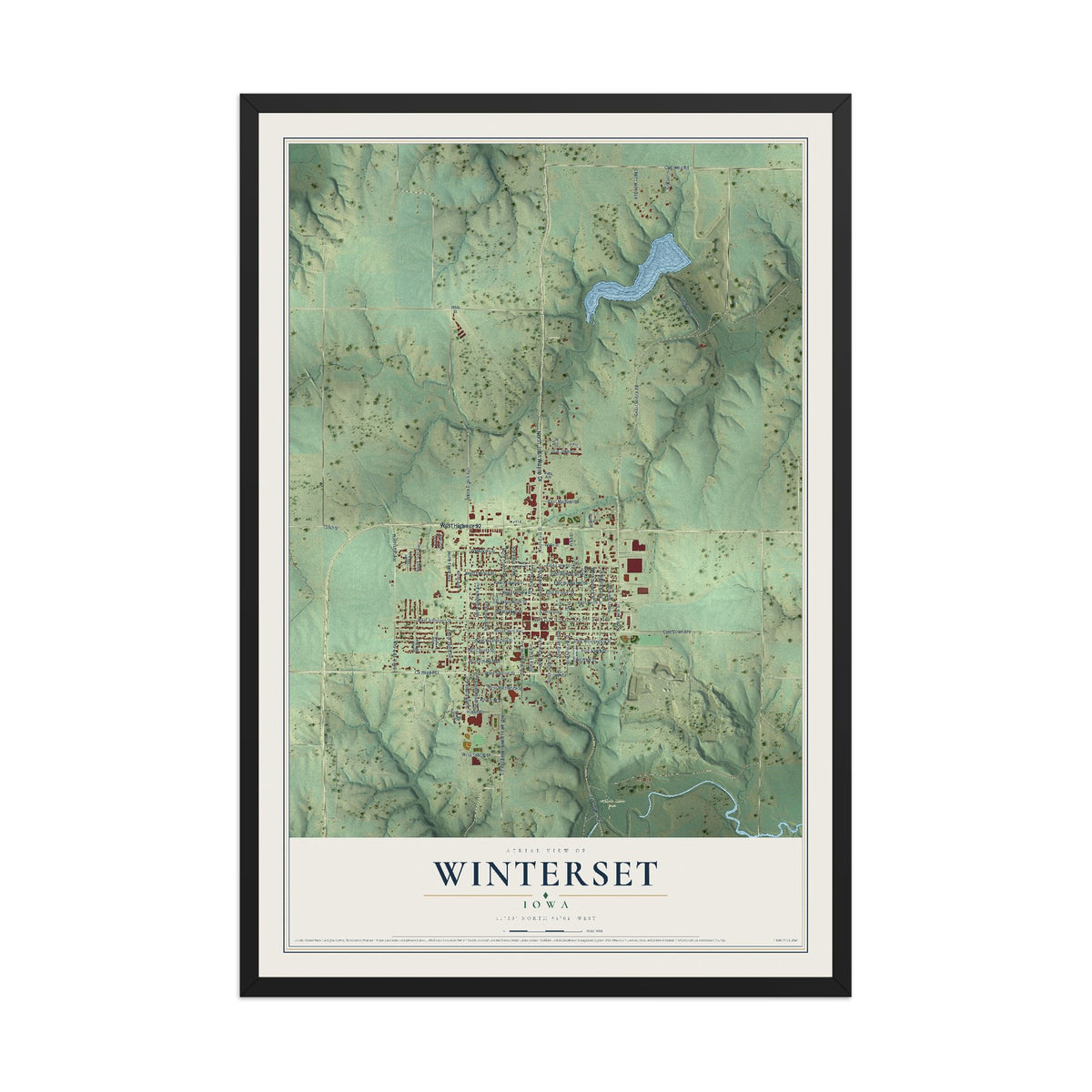 Map of Winterset, Iowa, 12 x 18 inch print in a black wood frame