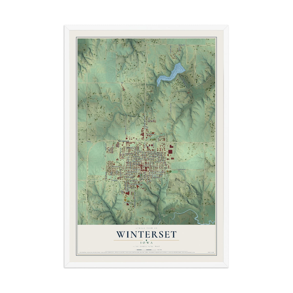 Map of Winterset, Iowa, 12 x 18 inch print in a white wood frame