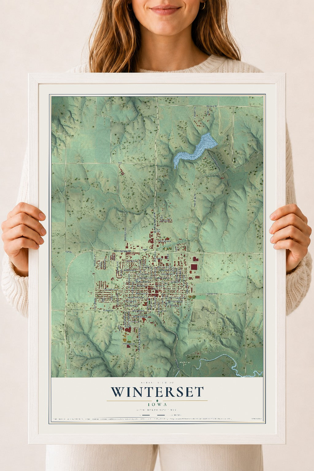 Map of Winterset, Iowa, 18 x 24 inch print in a white wood frame