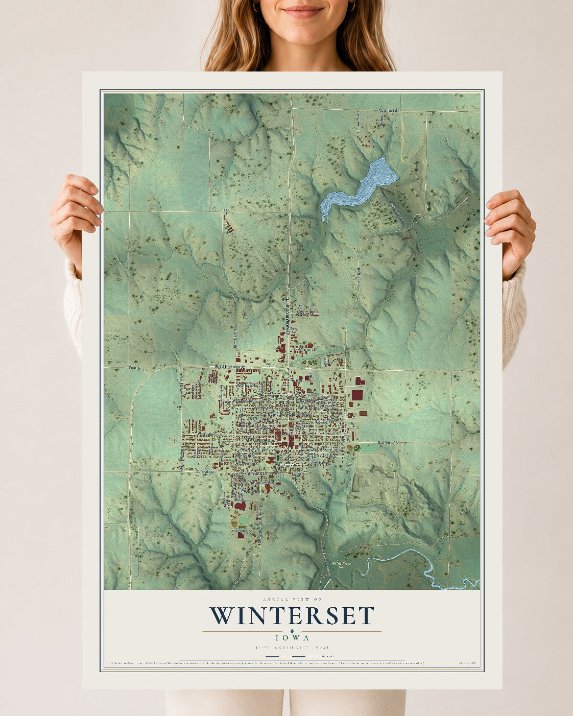 Map of Winterset, Iowa, 24 x 36 inch unframed archival matte print