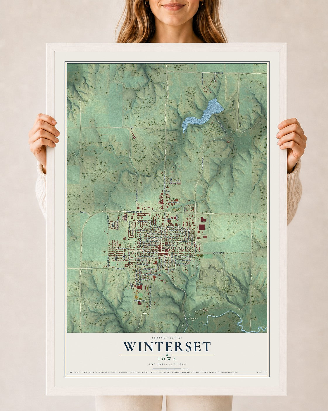 Map of Winterset, Iowa, 24 x 36 inch print in a white wood frame