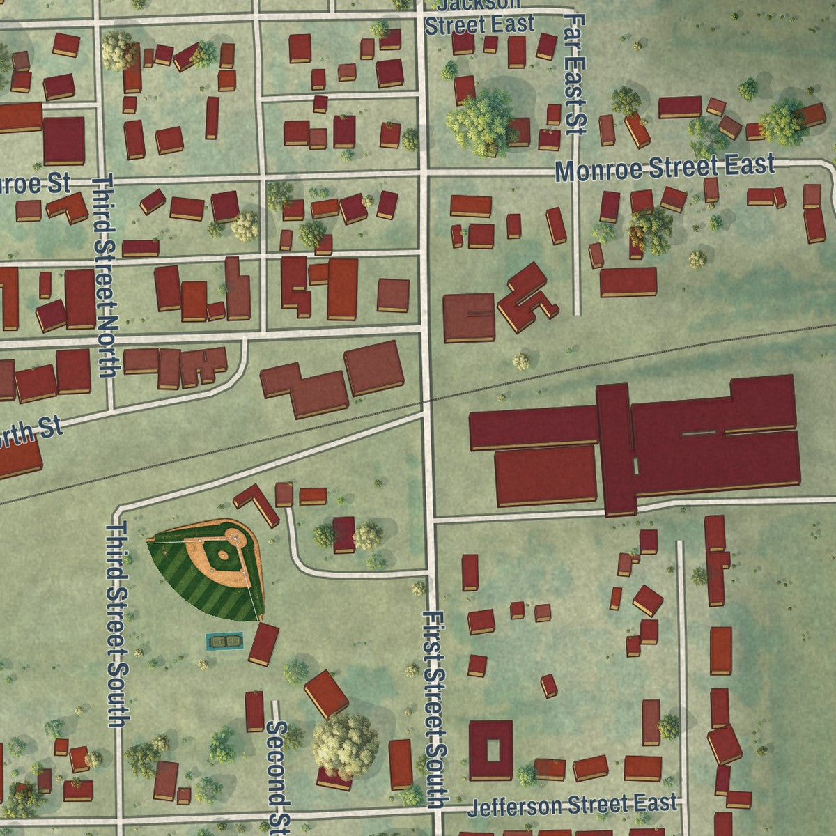 Close-up of the map of Winthrop, Iowa print showing street and building detail