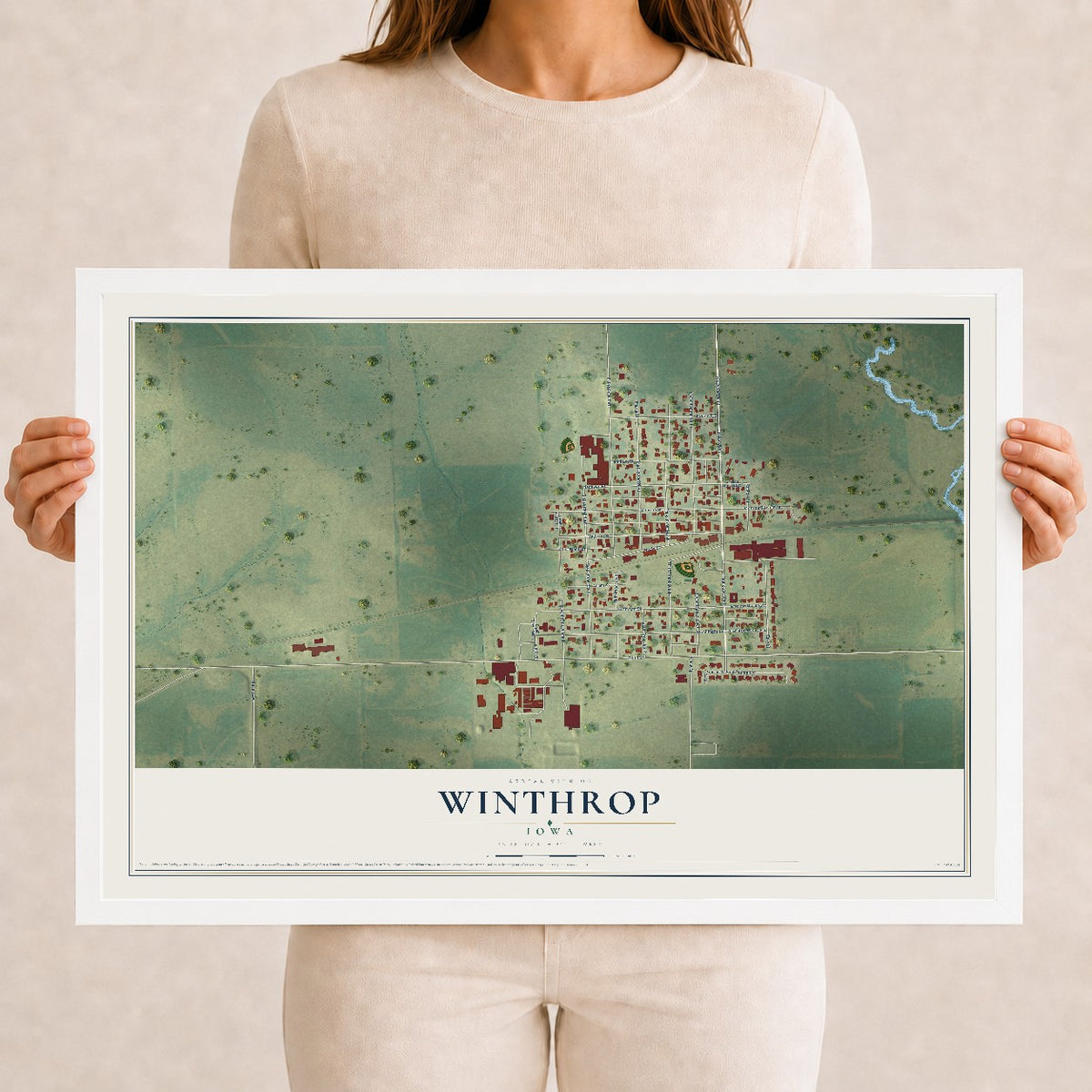 Map of Winthrop, Iowa, 12 x 18 inch print in a white wood frame