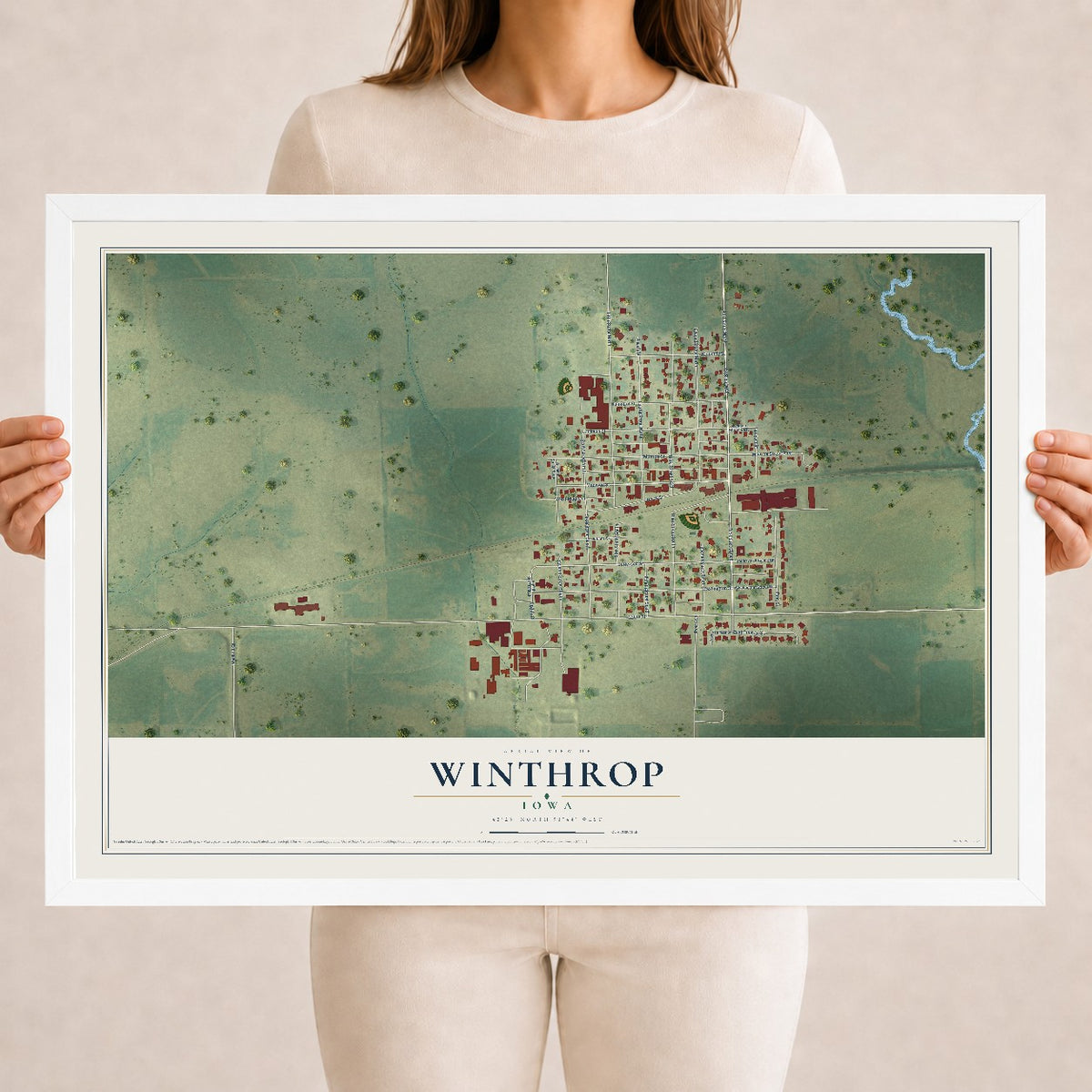 Map of Winthrop, Iowa, 18 x 24 inch print in a white wood frame