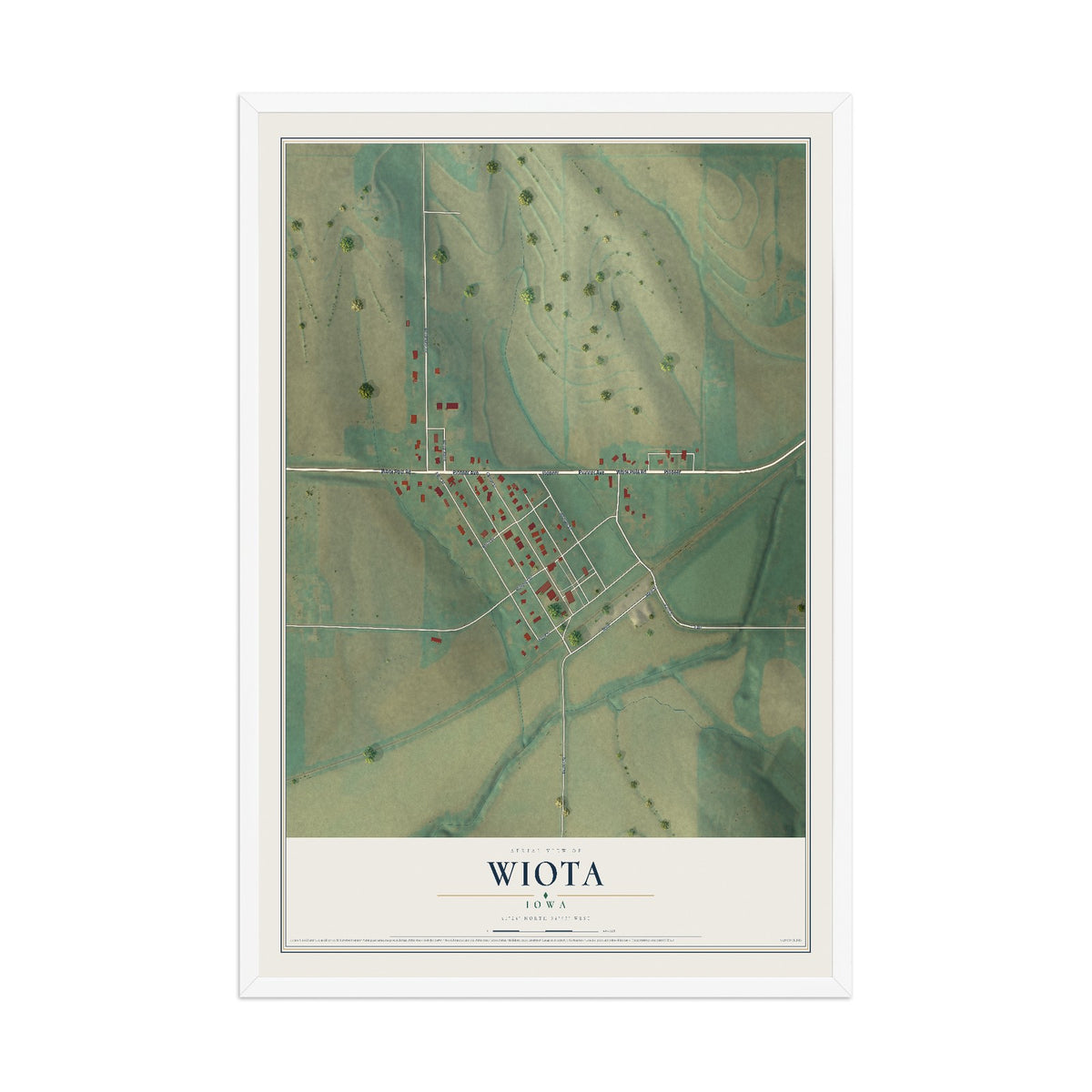 Map of Wiota, Iowa, 12 x 18 inch print in a white wood frame