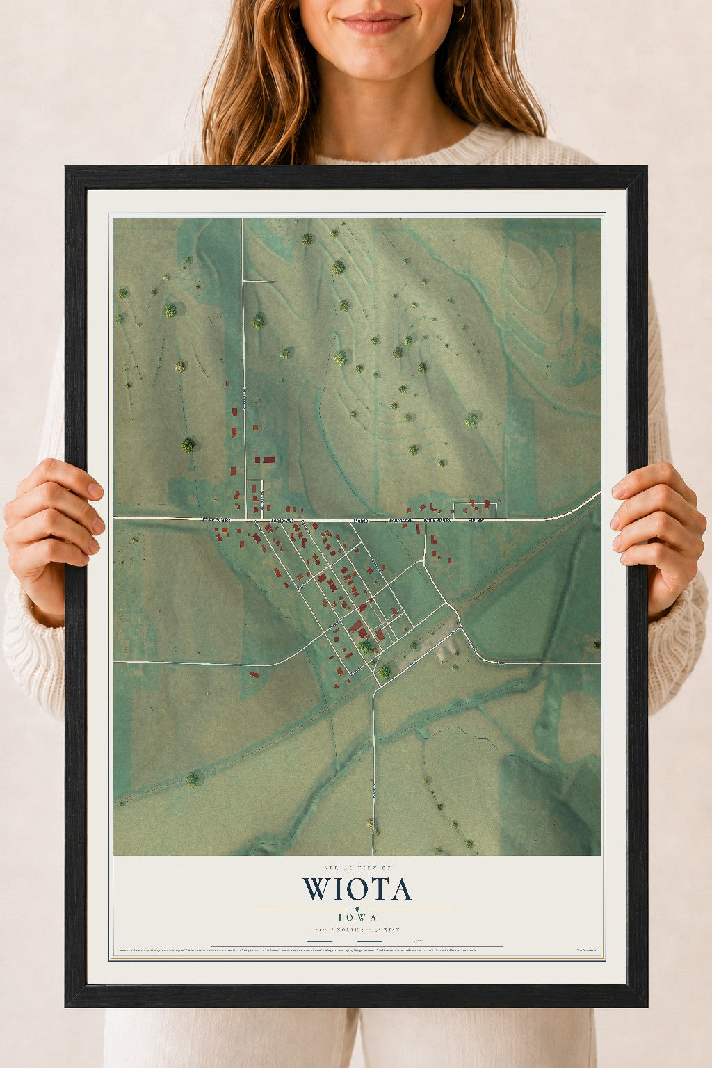 Map of Wiota, Iowa, 18 x 24 inch print in a black wood frame