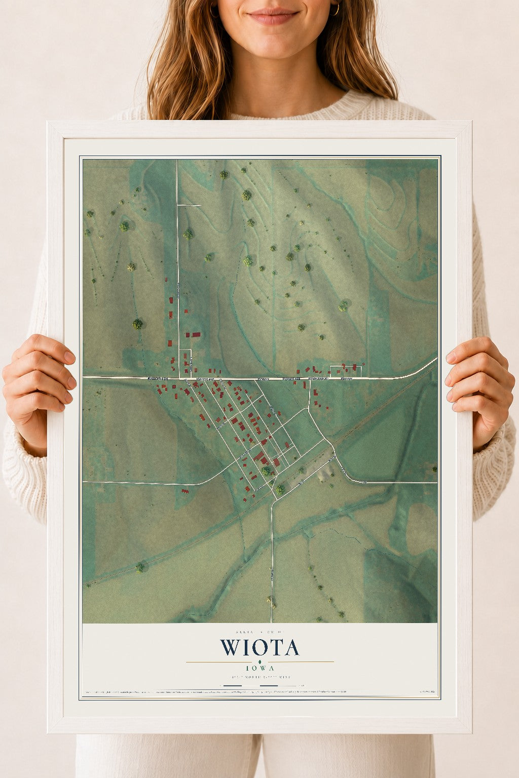 Map of Wiota, Iowa, 18 x 24 inch print in a white wood frame
