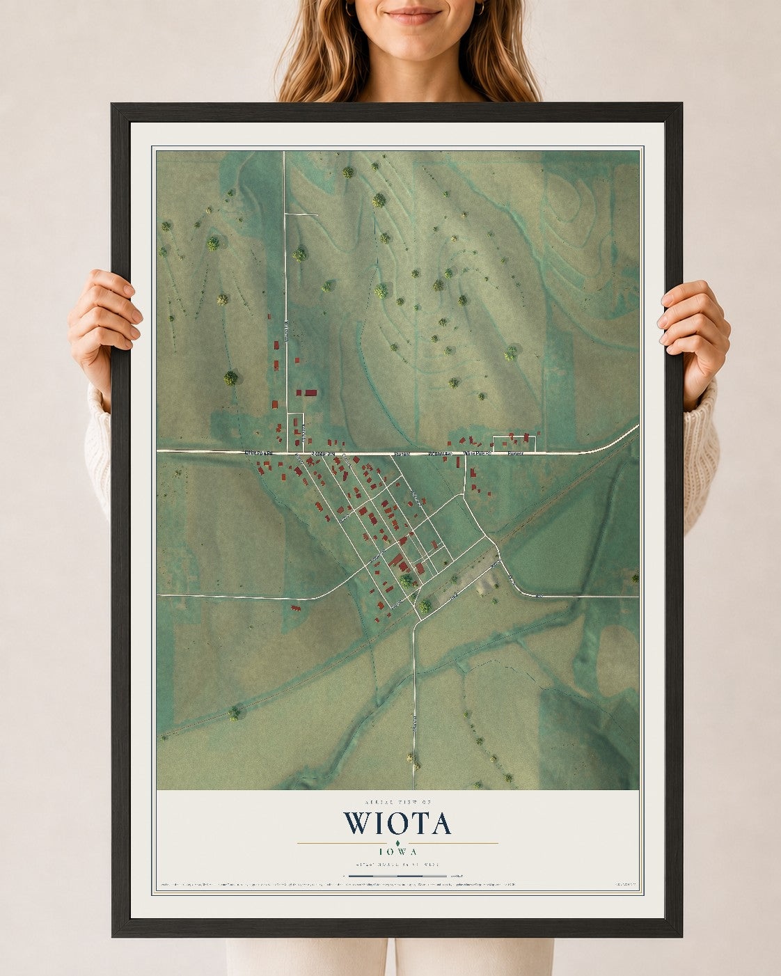 Map of Wiota, Iowa, 24 x 36 inch print in a black wood frame