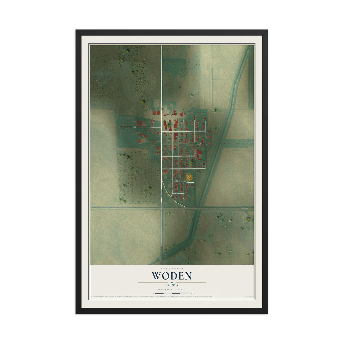 Map of Woden, Iowa, 12 x 18 inch print in a black wood frame